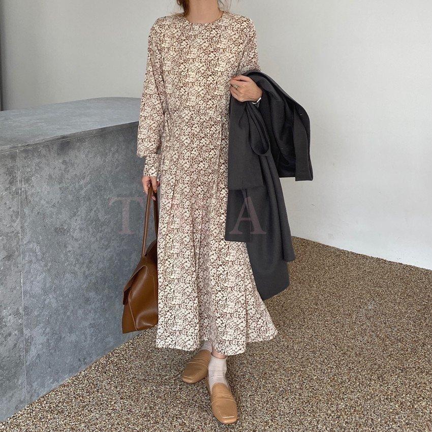 ワンピースレディース 花柄 ワンピース 30代40代 きれいめ ロングワンピース 長袖 膝下 ゆったり 通勤 大人 コーデ 17年最新海外
