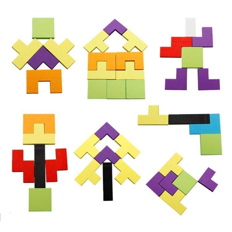 ブロックパズル 木製ジグソー カラフル40ピース 図形作り型はめ