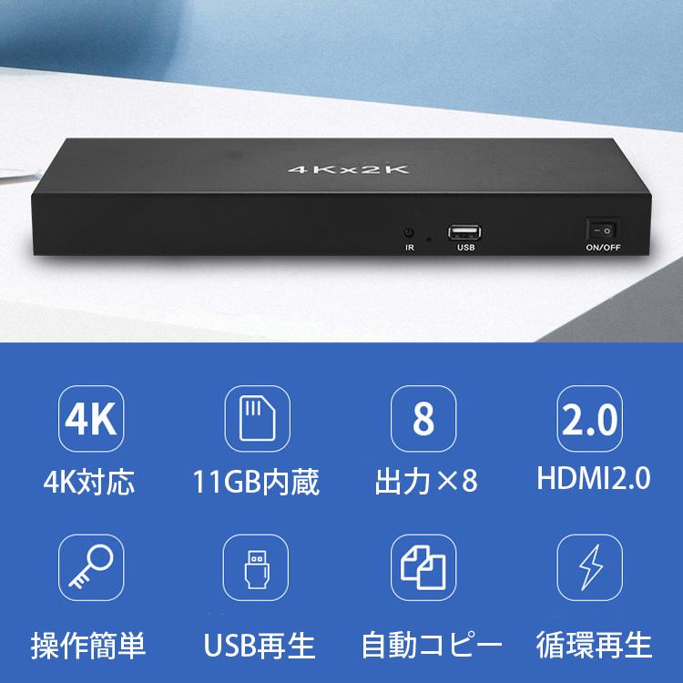 HDMIプレイヤー&HDMI分配器 一体化 内蔵メモリ 11GB 同時8個のモニターに出力 2K、4K対応 USBポート搭載 マウス対応 動画環再生 店頭やイベント会場 HDMP800｜skynet｜04