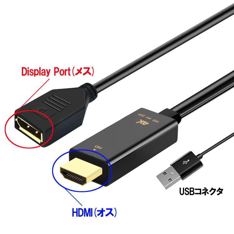 HDMI to DisplayPort 変換アダプタ ディスプレイポート 変換ケーブル 給電用USBポート付き 映像/音声出力 4K 60Hz対応 HDMIからDP HDMI2DP25C｜skynet｜02