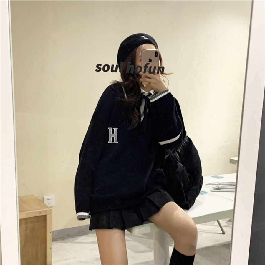 セーター レディース 秋冬 Vネック ゴルフ オーバーサイズ