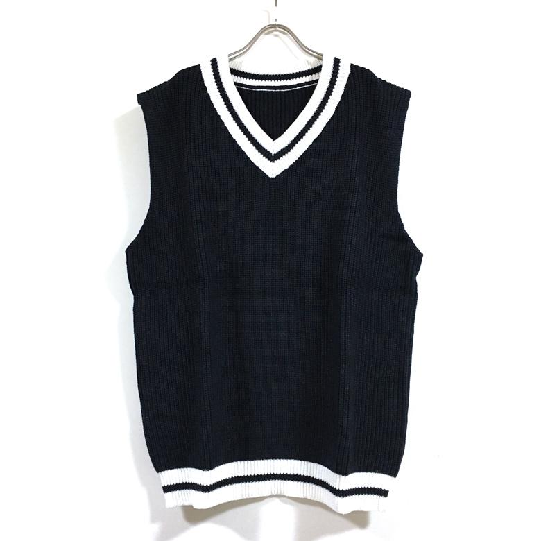 畦編み ライン Vネック ビッグシルエット ニット ベスト メンズ 送料