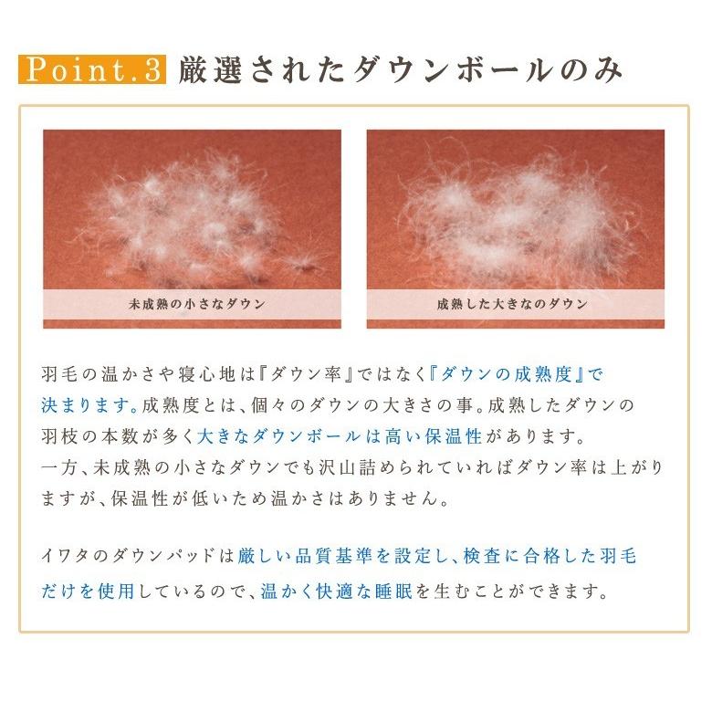 イワタ ダウンパッド／羽毛敷きパッド　シングルサイズ100×200cm マスコビーダックダウン使用 冷え性 寒がり ダウン 羽毛寝具 iwata 岩田 羽毛 敷きパッド_4