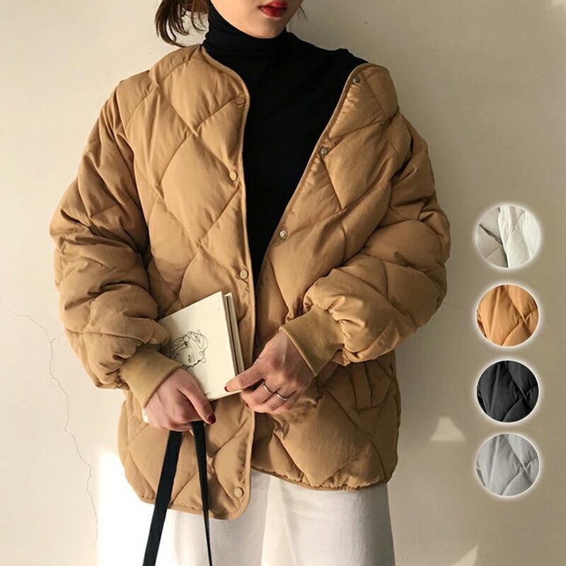 中綿 キルティングジャケット ノーカラー アウター ジャケット