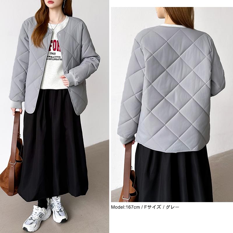中綿 キルティングジャケット ノーカラー アウター ジャケット