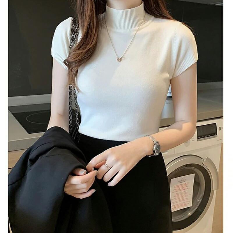 ニット トップス サマーニット レディース 半袖 ハイネック カットソー