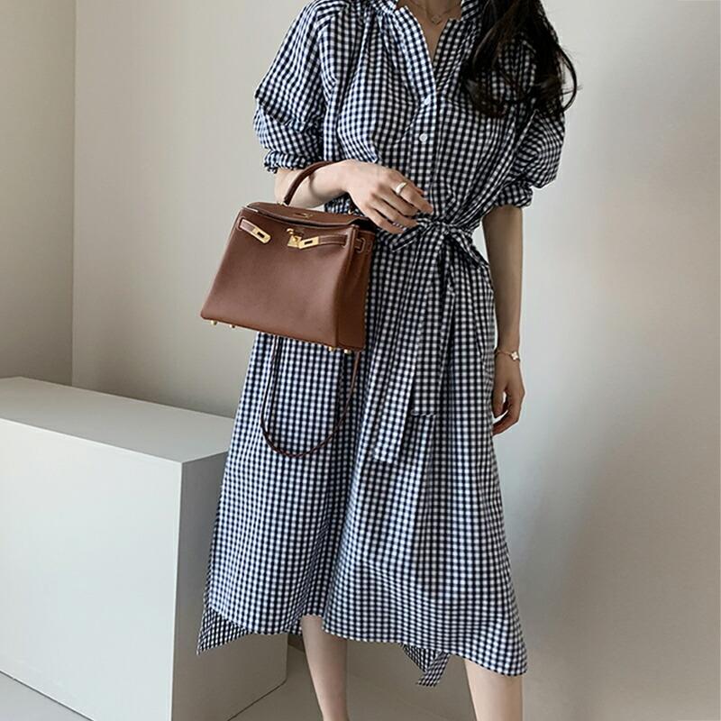 シャツワンピース ギンガムチェック ワンピース 7分袖 スタンドカラー