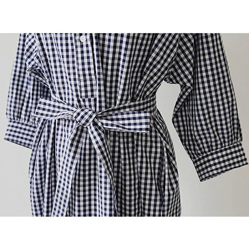 シャツワンピース ギンガムチェック ワンピース 7分袖 スタンドカラー