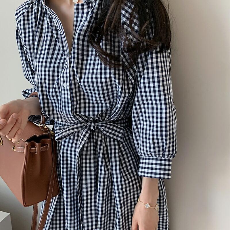 シャツワンピース ギンガムチェック ワンピース 7分袖 スタンドカラー