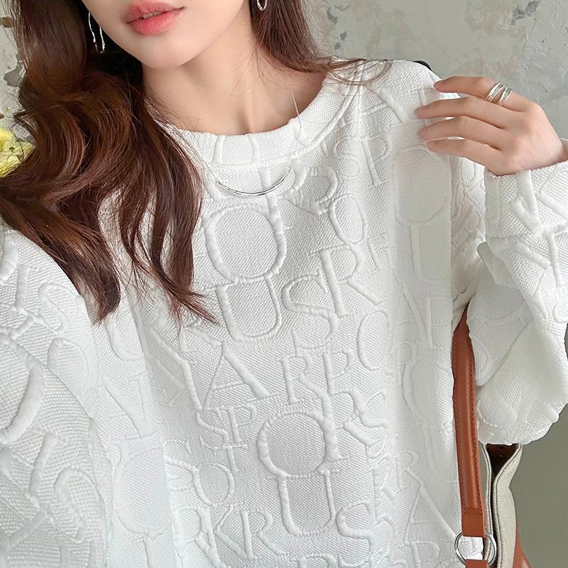 トレーナー レディース 長袖 トップス スウェット ロゴ 柄 エンボス エンボス加工 長袖トレーナー プルオーバー ロング ロング丈 クルーネック 大きめ オー