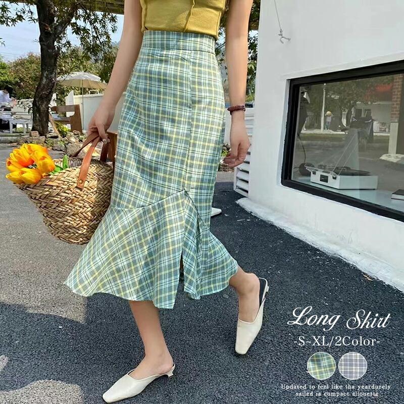 マーメイドスカート アシンメトリー ロング スカート チェック柄  