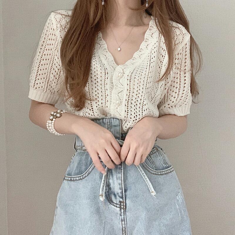 カーディガン カギ編みニット 半袖 Vネック クロシェニット サマー  