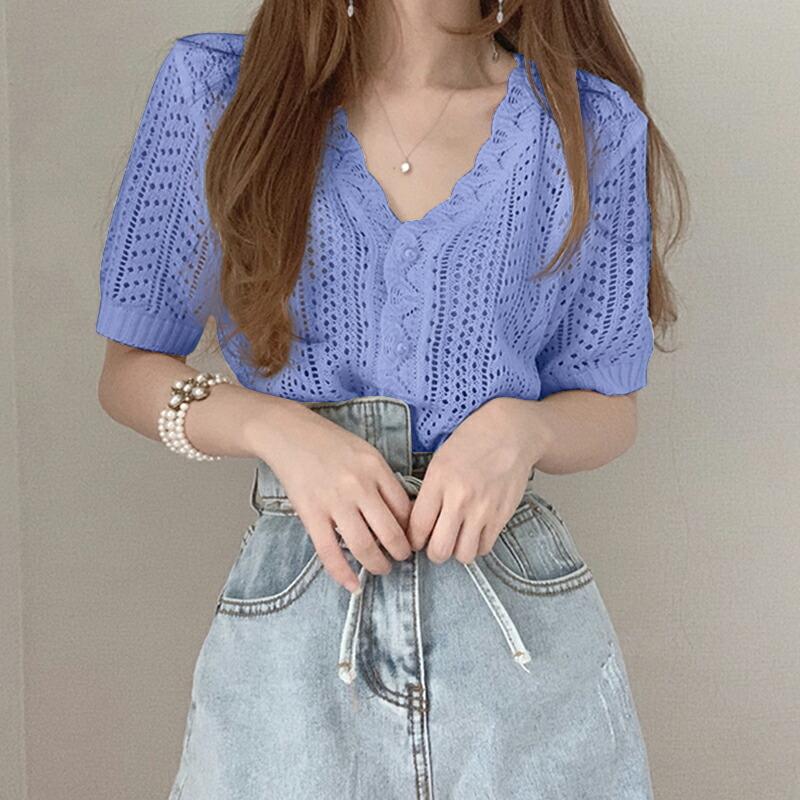 カーディガン カギ編みニット 半袖 Vネック クロシェニット サマー  