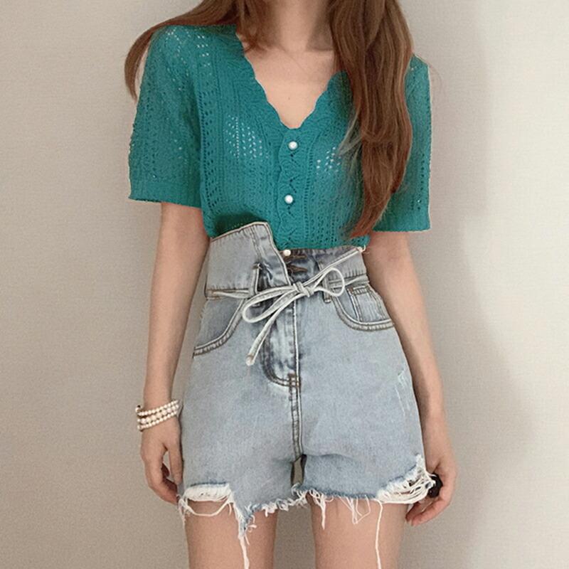 カーディガン カギ編みニット 半袖 Vネック クロシェニット サマー  