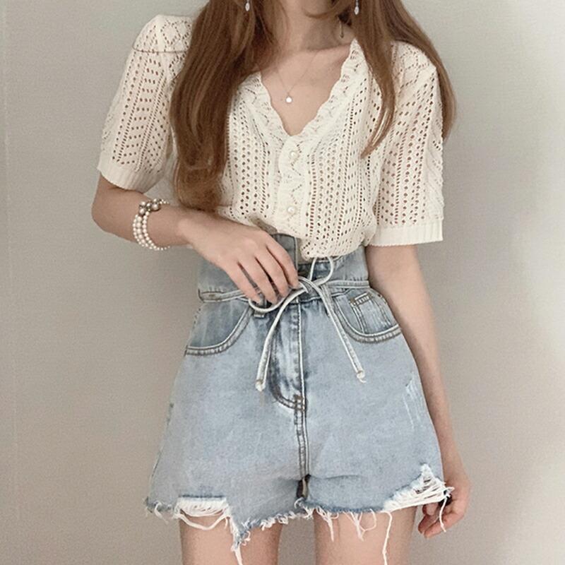 カーディガン カギ編みニット 半袖 Vネック クロシェニット サマー  