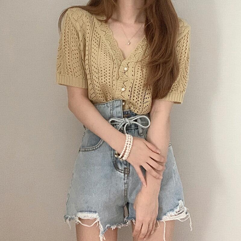 カーディガン カギ編みニット 半袖 Vネック クロシェニット サマー  