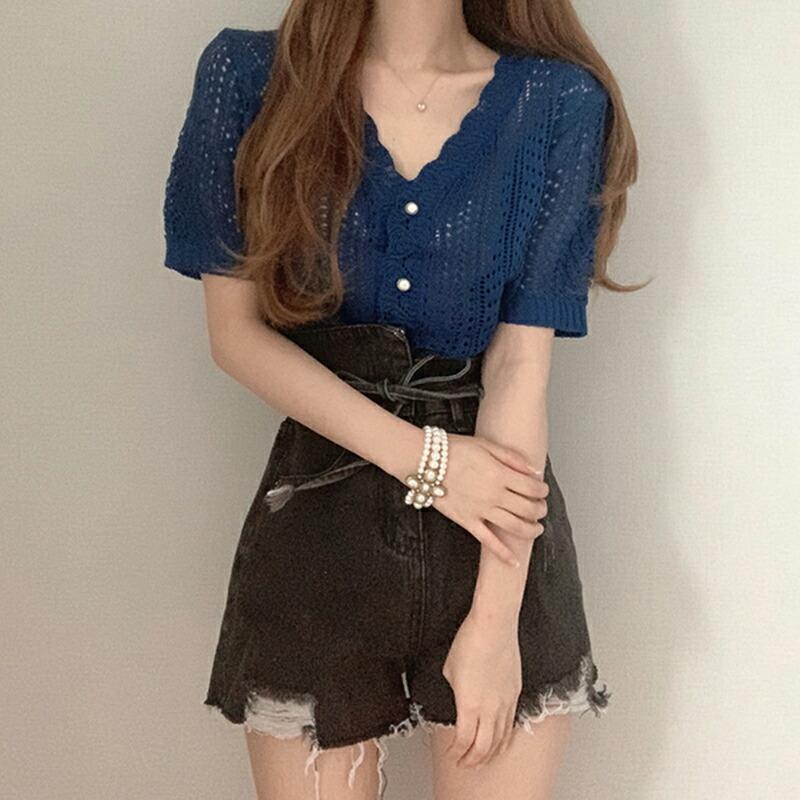 カーディガン カギ編みニット 半袖 Vネック クロシェニット サマー  