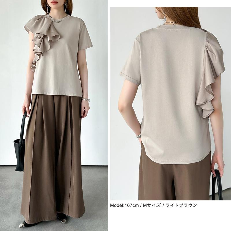 フリル アシンメトリー カットソー Tシャツ レディース 半袖 トップス