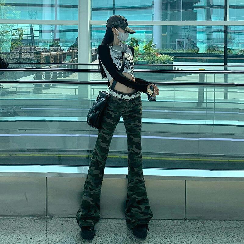 00s Obelisk サテン 迷彩 マルチポケット ベルボトム フレアパンツ