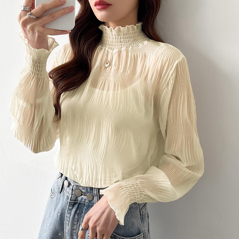 未使用 MIESROHE  フリルハイネックブラウス  インナーキャミ付  白 シャツ ブラウス フリル ハイネック シフォン シアー トップス