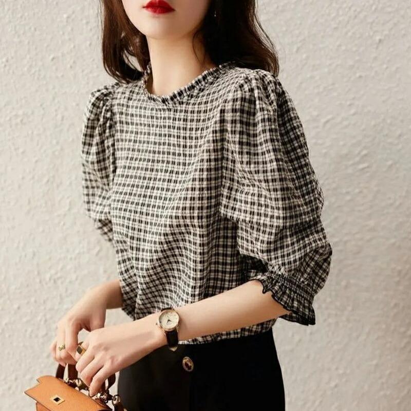 シャツ トップス ブラウス 5分袖 パフ袖 チェック フリル 可愛い 清楚