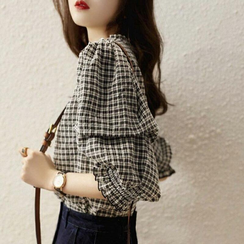 新品チェック花柄パフスリーブブラウスブルーピンクホワイト五分袖丸襟春夏清楚上品 楽天市場】ブラウス 花柄 レディース 五分袖 トップス クルー