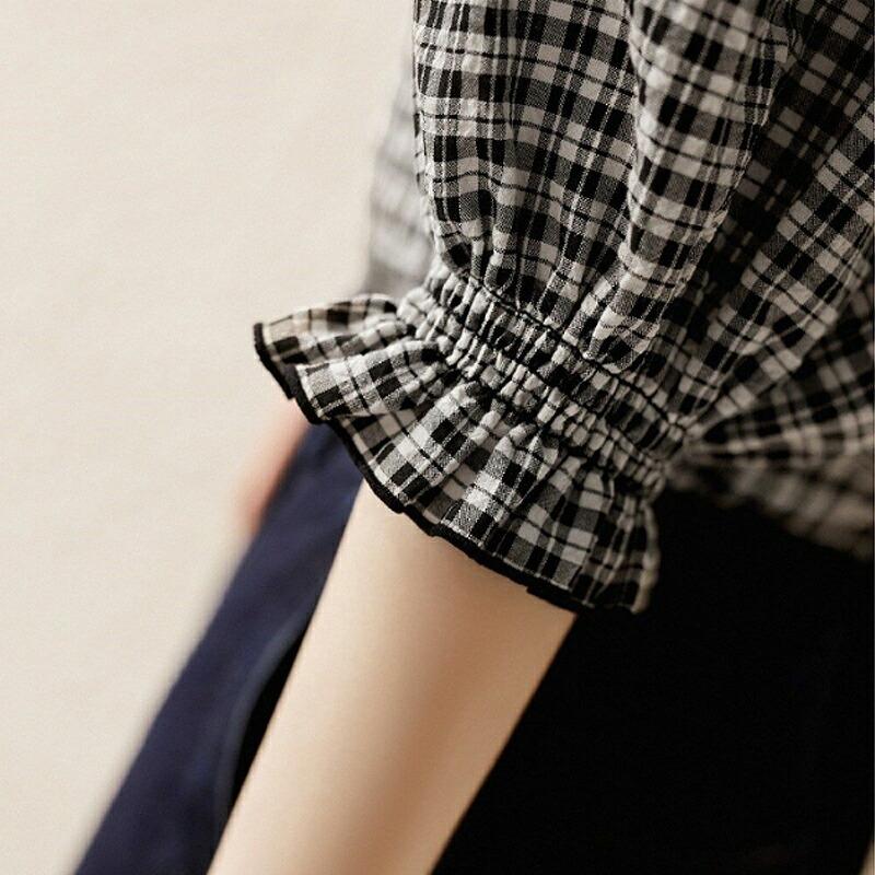 シャツ トップス ブラウス 5分袖 パフ袖 チェック フリル 可愛い 清楚