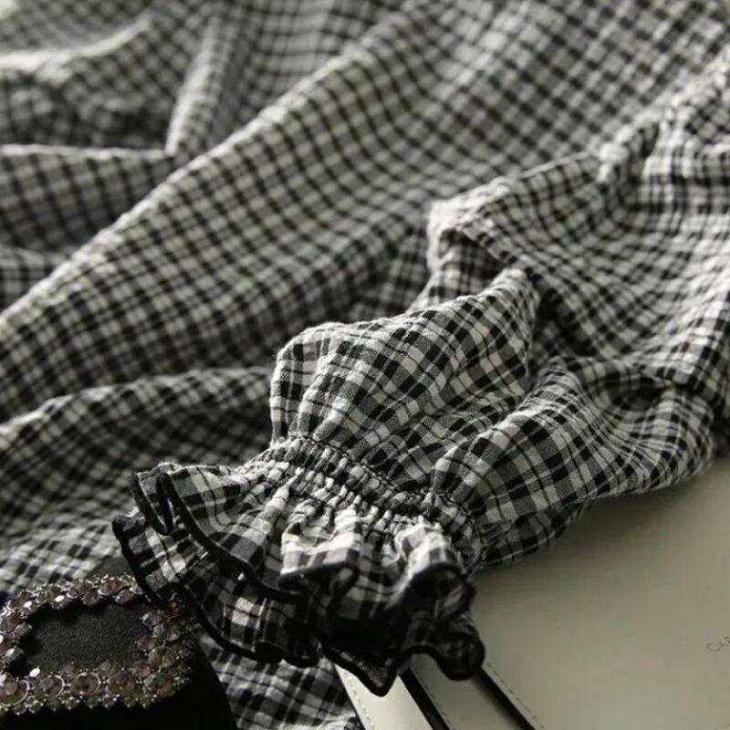 シャツ トップス ブラウス 5分袖 パフ袖 チェック フリル 可愛い 清楚