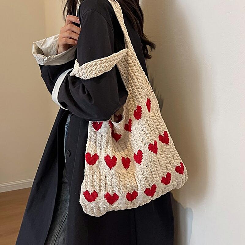 COCOMOMO ニットバッグ ハート トートバッグ ケーブル編み ハート柄