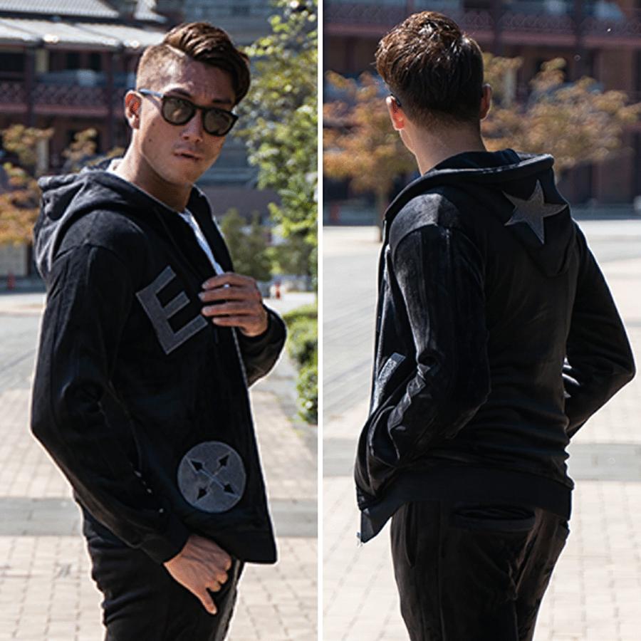 メンズパーカー 星 モチーフ 刺繍 ベロア パーカー スター モチーフ