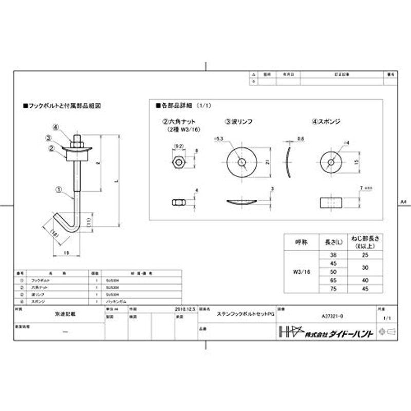 ダイドーハント (DAIDOHANT) (波板フック) ステンレス フックボルトセット (SUS304) (呼び径d) 3/16 x (長さ｜slow-lifes｜02