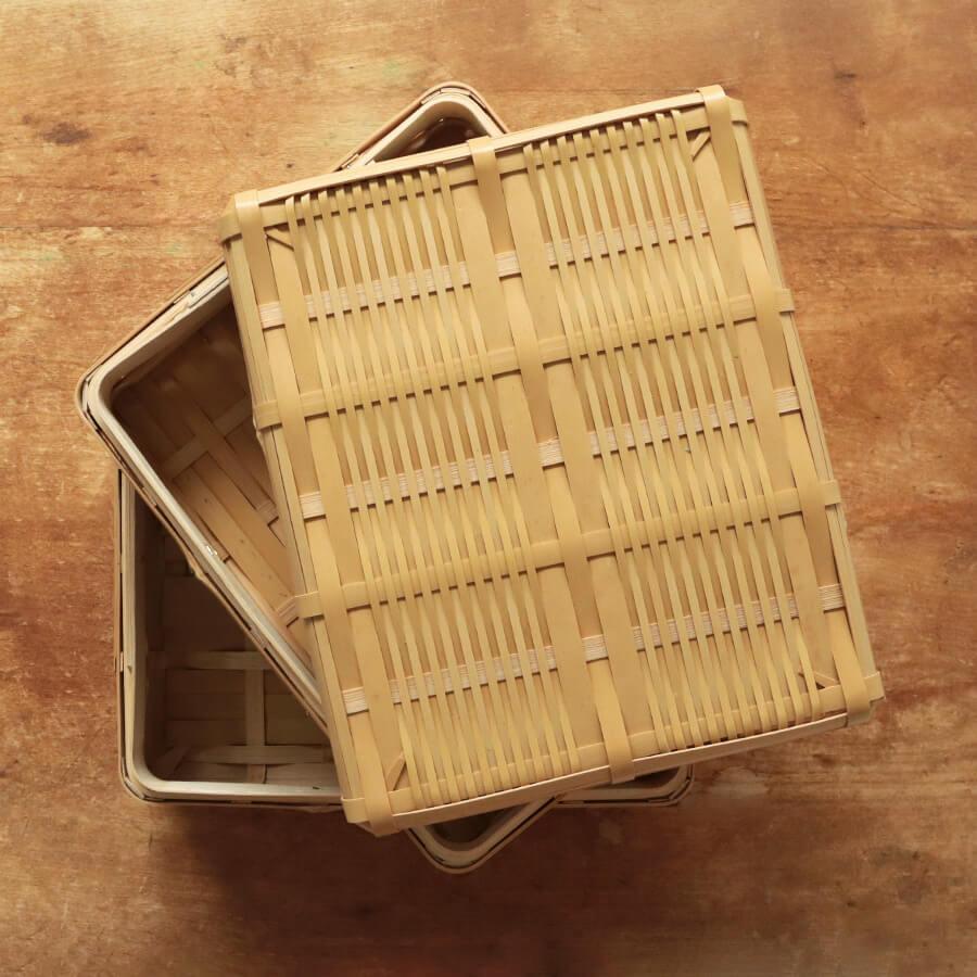 美品　日本製 竹籠 白竹 弁当箱 /ランチボックス 日本製 白竹 弁当箱 大 二段 弁当かご お弁当 サンドイッチ かご 竹