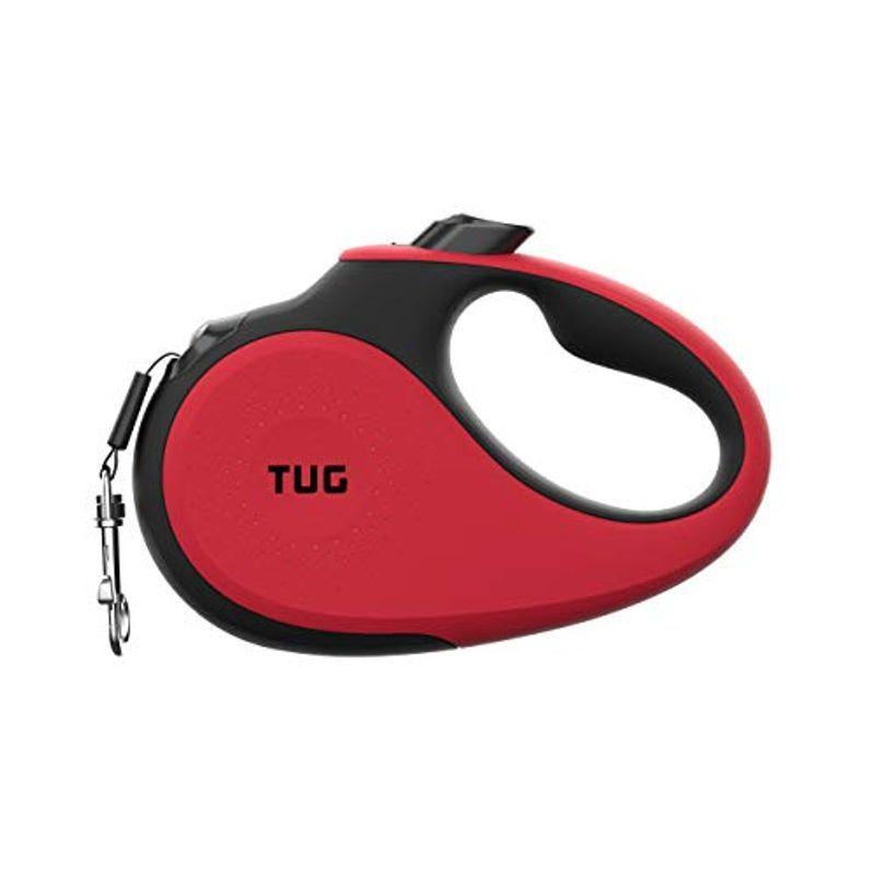 TUG 360°タングルフリー、頑丈引き込み式犬リード、スリップ防止ハンドル付き;5 m 強いナイロンテープ。片手ブレーキ、一時停止、ロック