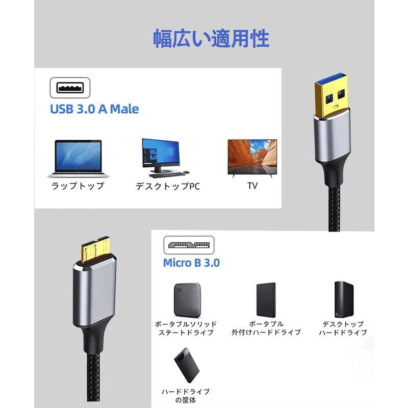 USB3.0ケーブル USB A マイクロB変換ケーブル0.5メートル HDD SSD 外付けドライブ対応 多重シールド 耐久性 転送速度最大5Gbps　長さ0.5メートル