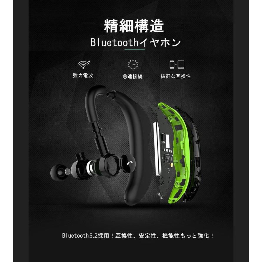 ワイヤレスイヤホン Bluetooth 5.2ブルートゥースイヤホン 片耳 耳掛け型 ヘッドセット 最高音質 マイク内蔵 ハンズフリー 180°回転 超長待機時間 左右耳兼用｜slub-shop｜07