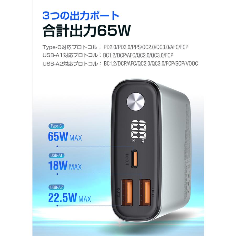 モバイルバッテリー 20000mAh 65W超急速充電 パワーバンク Type出力/入力ポート USB出力ポート ノートPCに充電可 互換性抜群 緊急電源 PSE認証済み｜slub-shop｜05