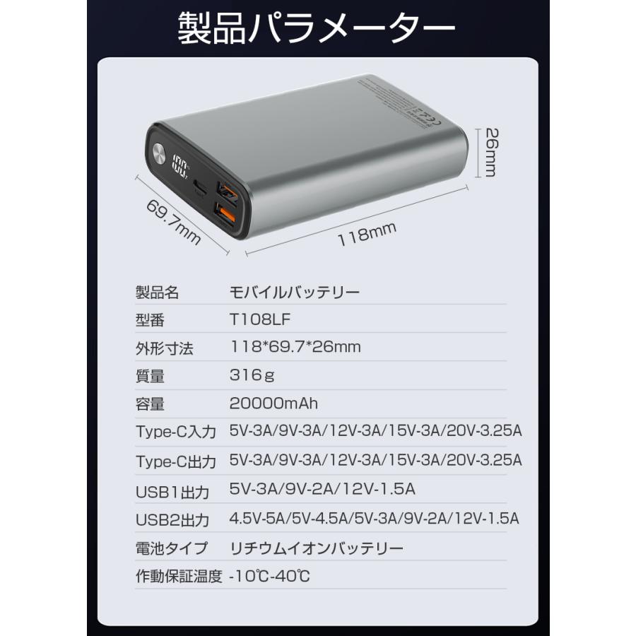 モバイルバッテリー 20000mAh 大容量 PD-65W急速充電 3台同時充電 Type-C入力 残電量表示 3つ出力ポート パワフル 機内持ち込み可 コンパクト PSE認証済み｜slub-shop｜19