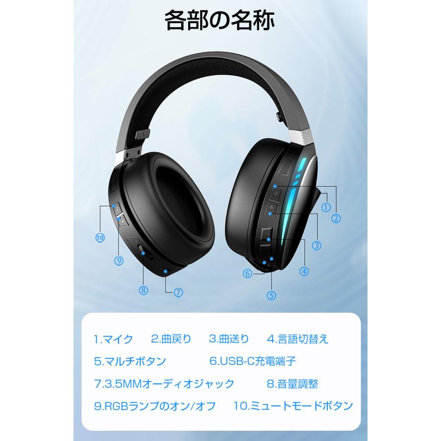 ゲーミングヘッドホン ワイヤレスイヤホン マイク付き Bluetooth 5.2 50mm大型ユニット HiFi音質 125時間スタンバイ グラデーションランプ 有線無線兼用｜slub-shop｜19