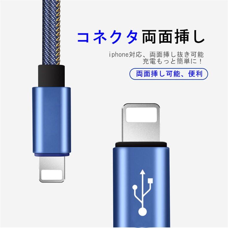 iPhoneケーブル iPad用 急速充電ケーブル デニム生地 収納ベルト付き