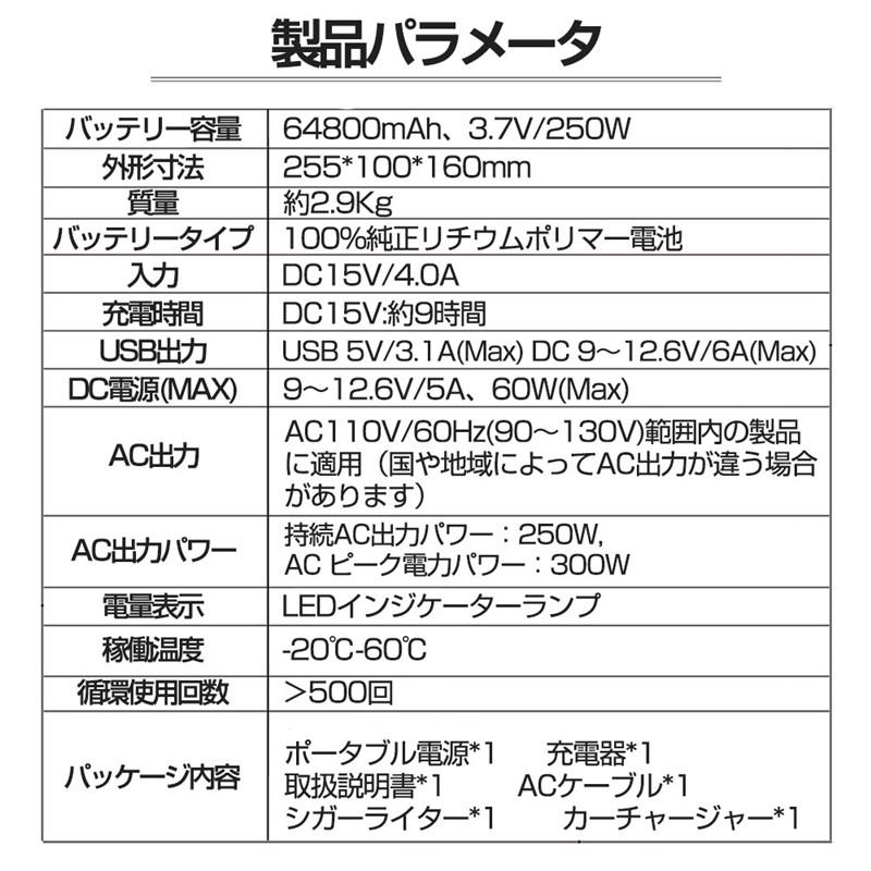 ポータブル電源 大容量64800mAh/240Wh 家庭用蓄電池 純正弦波 AC/DC
