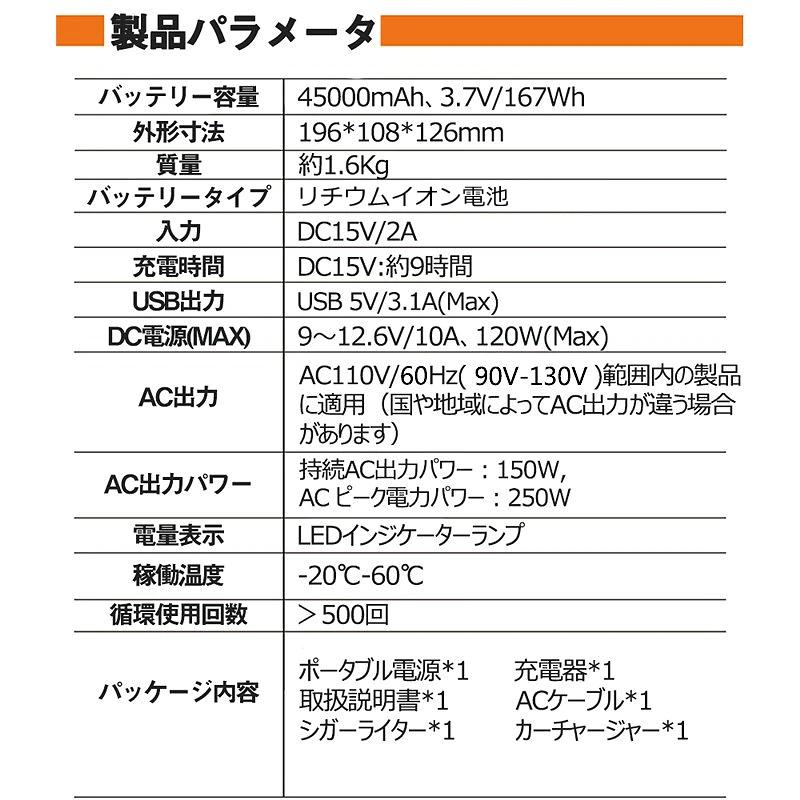 ポータブル電源 45000mAh/167Wh iPhone17 充電器 緊急電源 車中泊