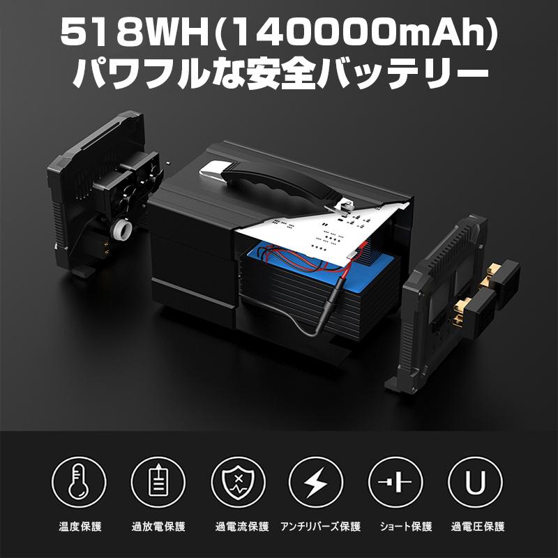 ポータブル電源 140000mAh/518Wh大容量バッテリー 防災 キャンプ 