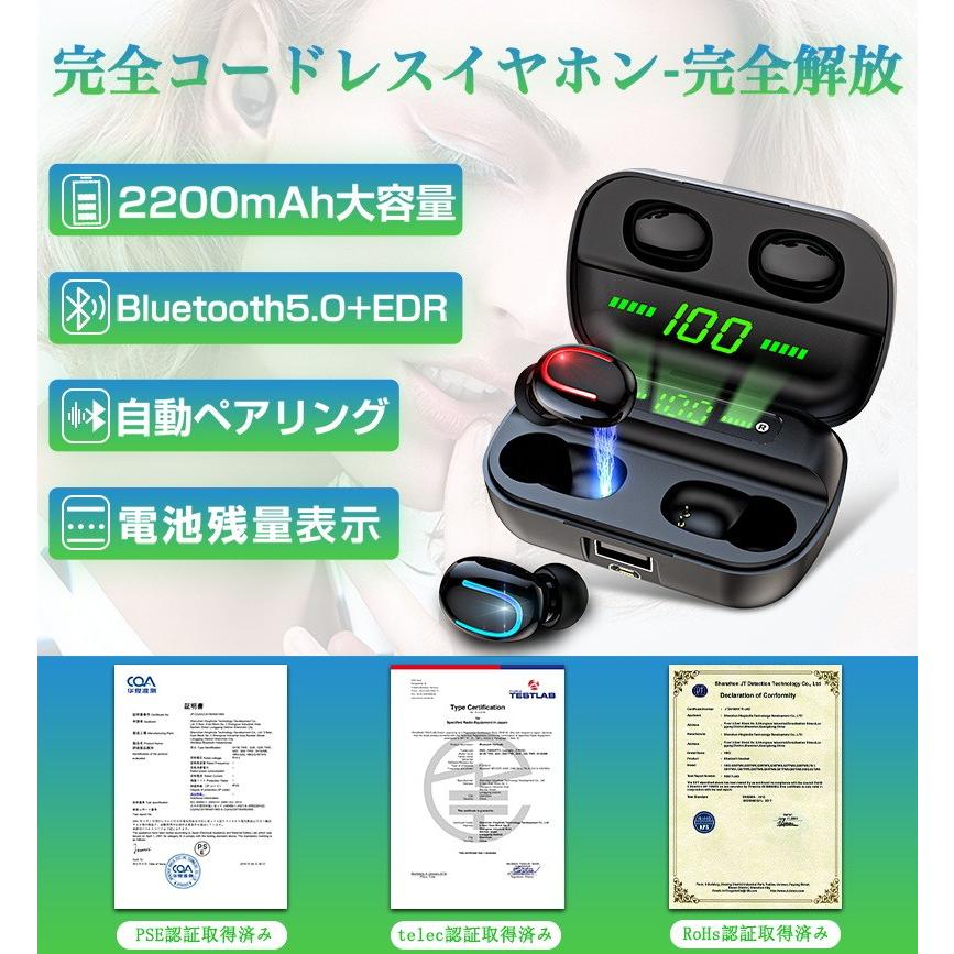 ワイヤレスイヤホン Bluetooth 5.0 防水防滴 自動ペアリング 左右分離