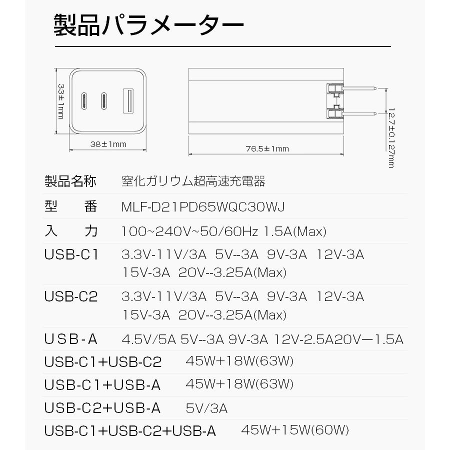 アダプター 窒化ガリウム超高速充電器 GaN充電器 65W 急速充電器 PD対応 QC対応 折畳みプラグ USB-C Type-C USB-A ３C認証 PSE認証 安全充電｜slub-shop｜21