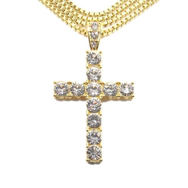 金メッキ【大粒のジルコニア☆ベネチアンチェーン】クロス ネックレス 