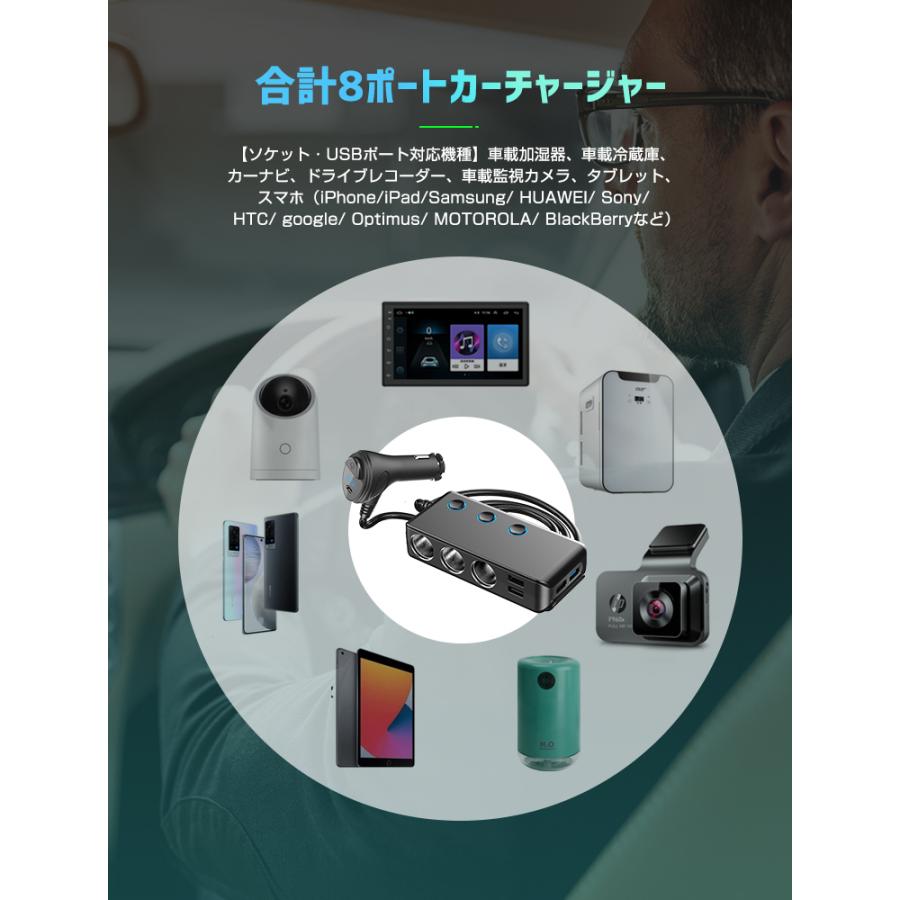 シガーソケット 3連120W 増設カーチャージャー PD/QC3.0/電圧計搭載 1ｍケーブル 12V/24V車兼用 増設シガーソケット 4USBポート 最大3.1A/5V対応｜smahoservic｜08