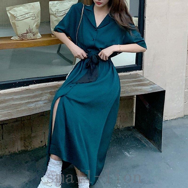 レディースシャツワンピース半袖襟ありVネックロング丈 Jg8ZXs2hY9