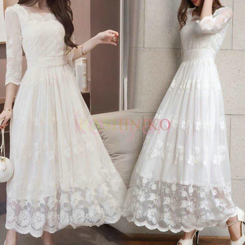 ホワイトドレス白結婚式お呼ばれワンピースロング5分袖春秋総レースレディース22 8fdo923ydp ファッション Andchicken Co