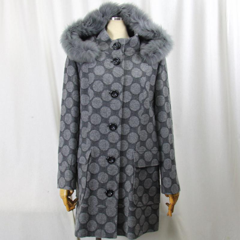 毛皮/フォックス　リアルファー　ウール 毛（１００％）　フード　フォックストリミング　コート　レディース　アウター | 