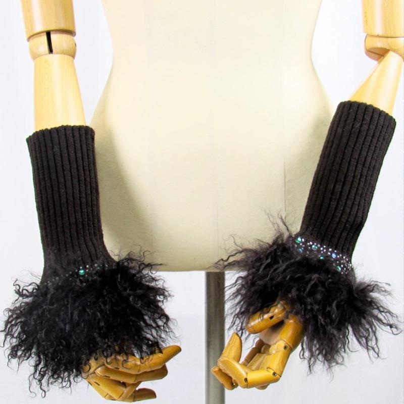 毛皮/チベットラム ニットアーム リアルファー 本革 アームカバー 配送